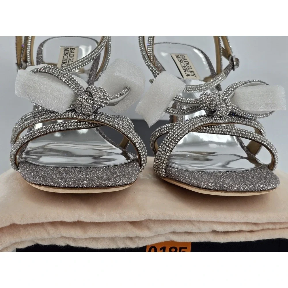 Badgley Mischka Effie Bow Stiletto Heel Sandals Women's Silver Antique Sz 9 NIB
